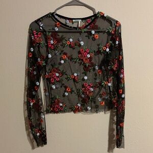 Kimchi Blue Black Sheer Top with Floral Embroidery